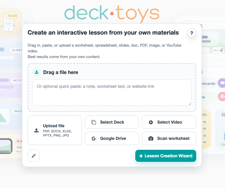 Deck.Toys dashboard with the materials launcher and lesson creation controls open.