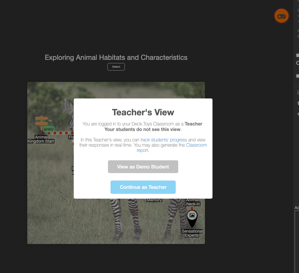 Deck.Toys teacher view showing the lesson map and classroom controls.