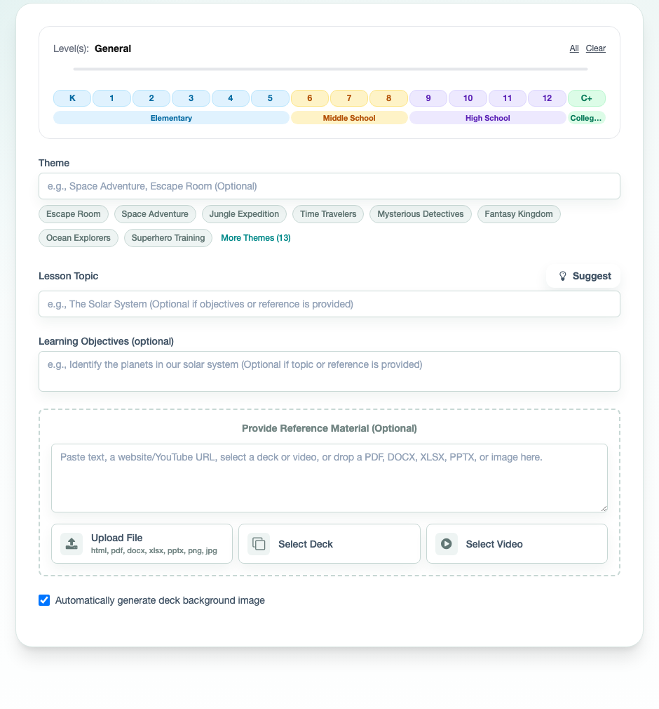 Deck.Toys Lesson Creation Wizard form with level, theme, lesson topic, and reference material options.