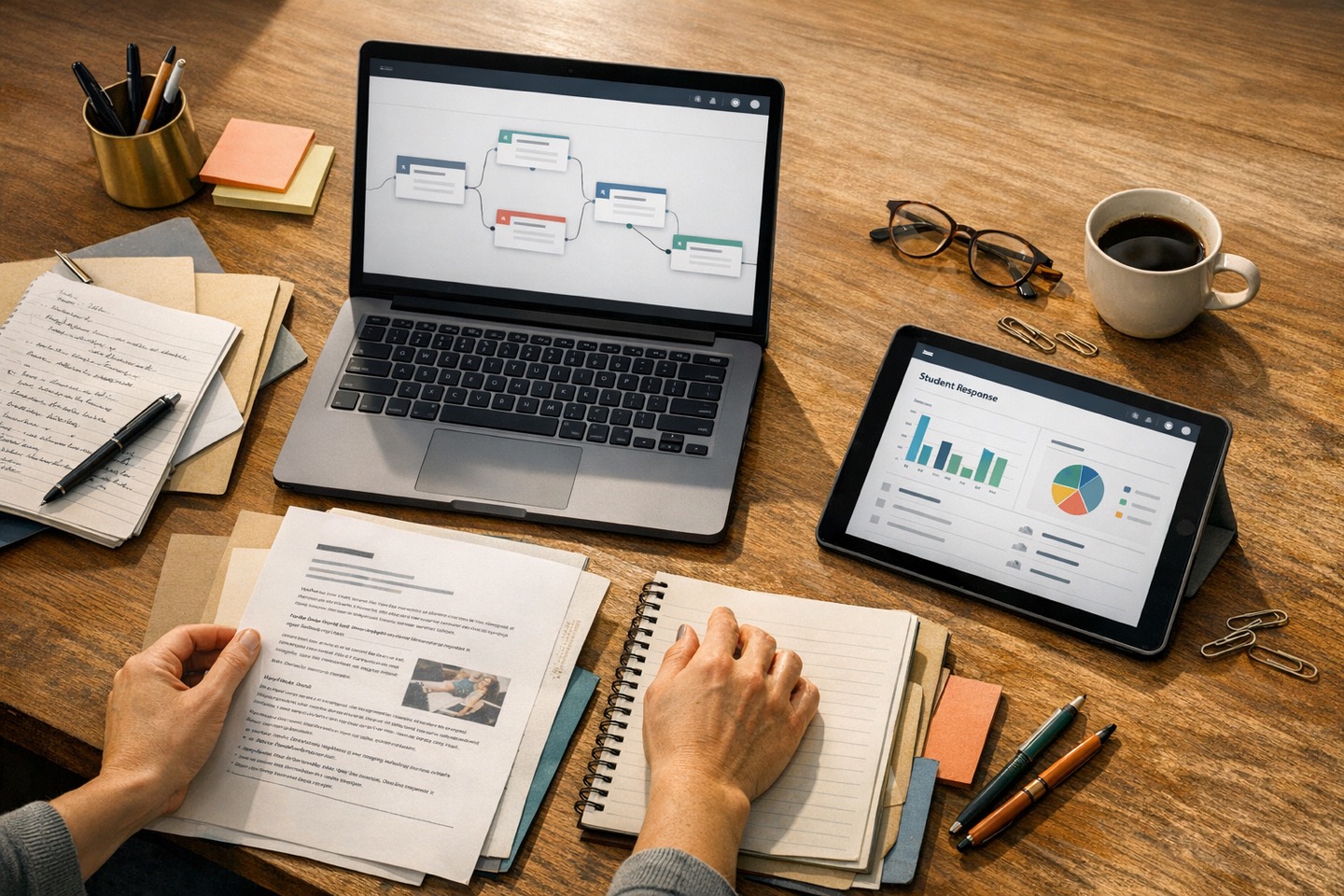 Teacher materials arranged around a lesson-building workspace.