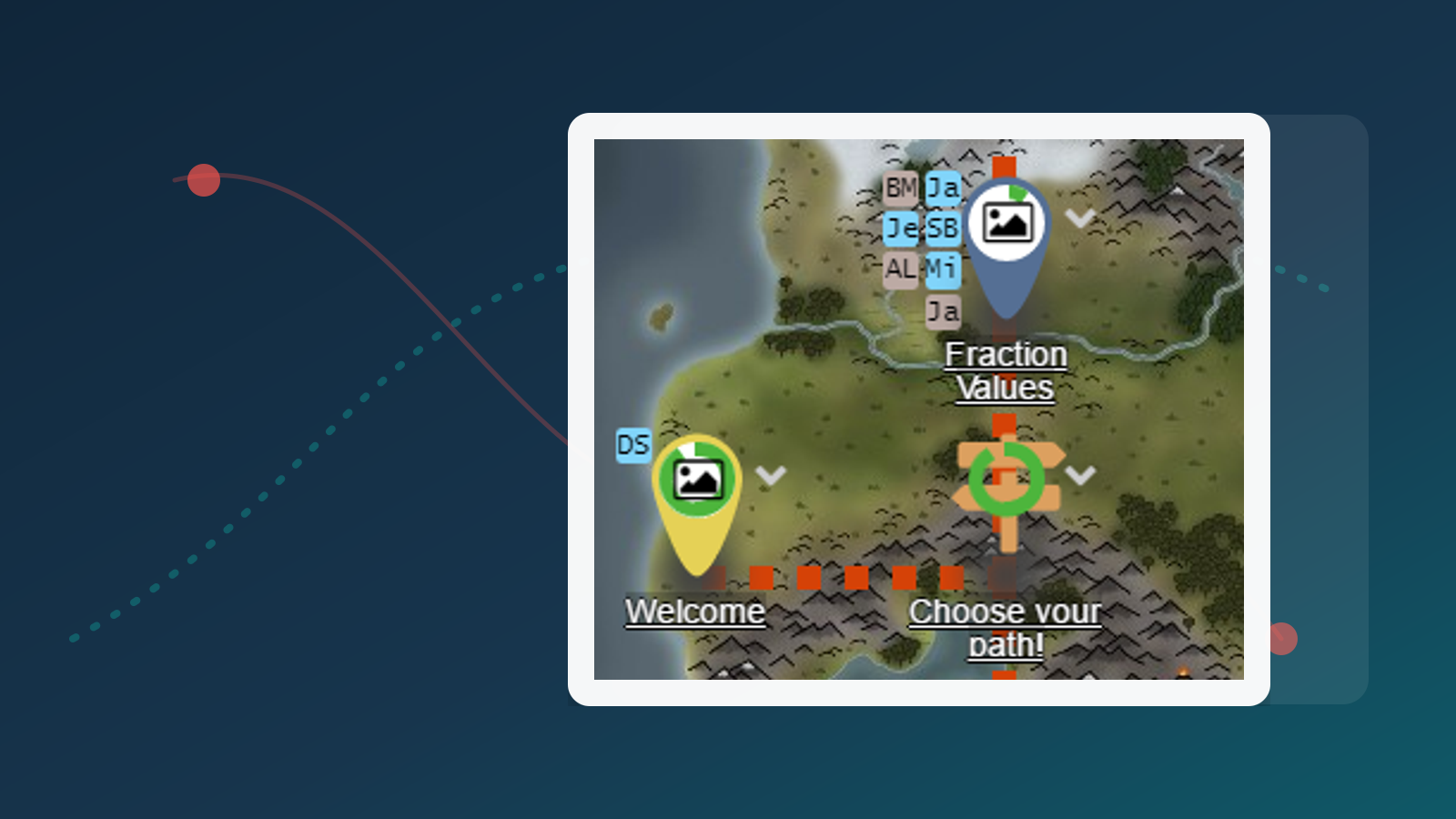 Screenshot peta kelas Deck.Toys yang menunjukkan aktiviti permainan bersambung kepada laluan pelajaran lebih besar.