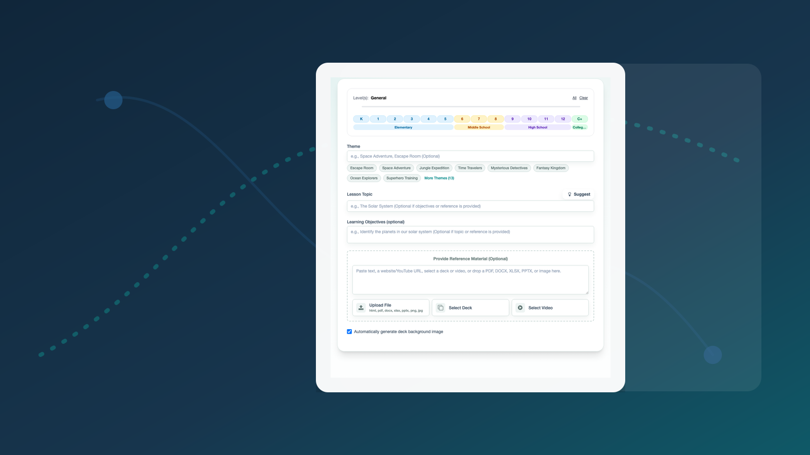 Visuel Deck.Toys montrant diapositives interactives et vérifications formatives comme partie d’une carte de leçon interactive.