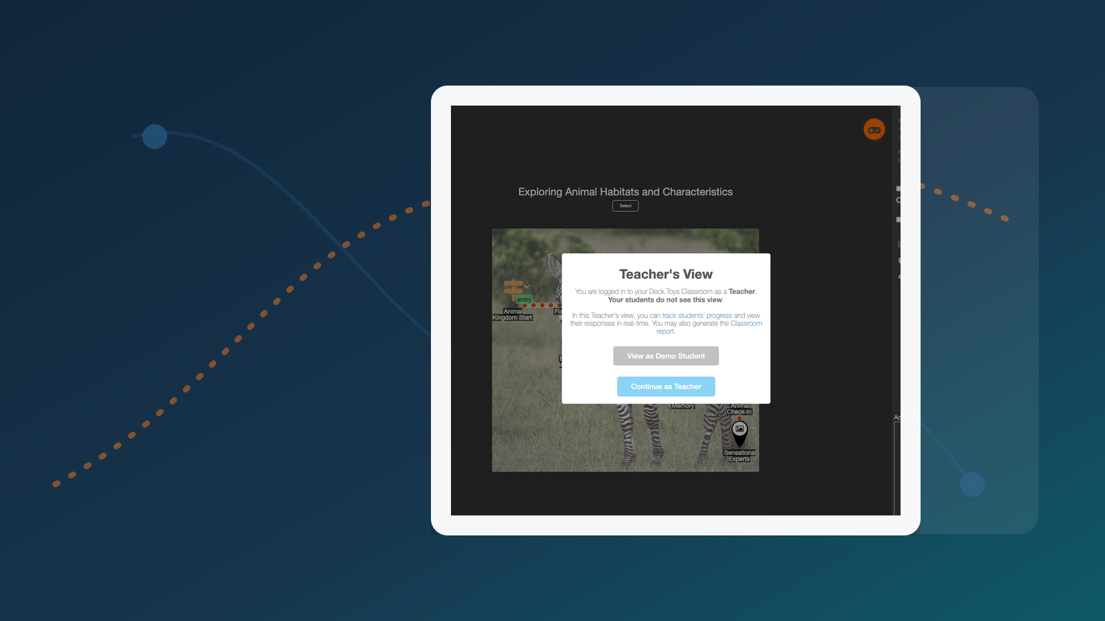 Screenshot teacher view Deck.Toys yang menunjukkan peta pelajaran dan konteks progress kelas untuk titik semak kuiz.