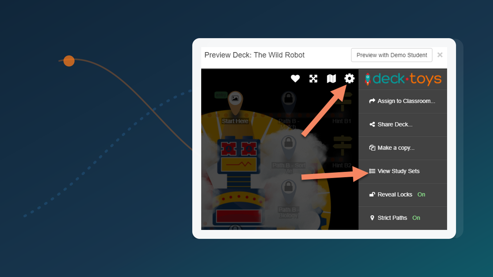 Deck.Toys-Visual, das Lernsets und Karteikartenübung als Teil einer interaktiven Lektionskarte zeigt.