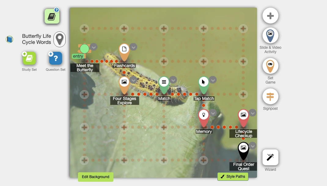 Example lesson map with slide and Study Set activities connected by branching paths.